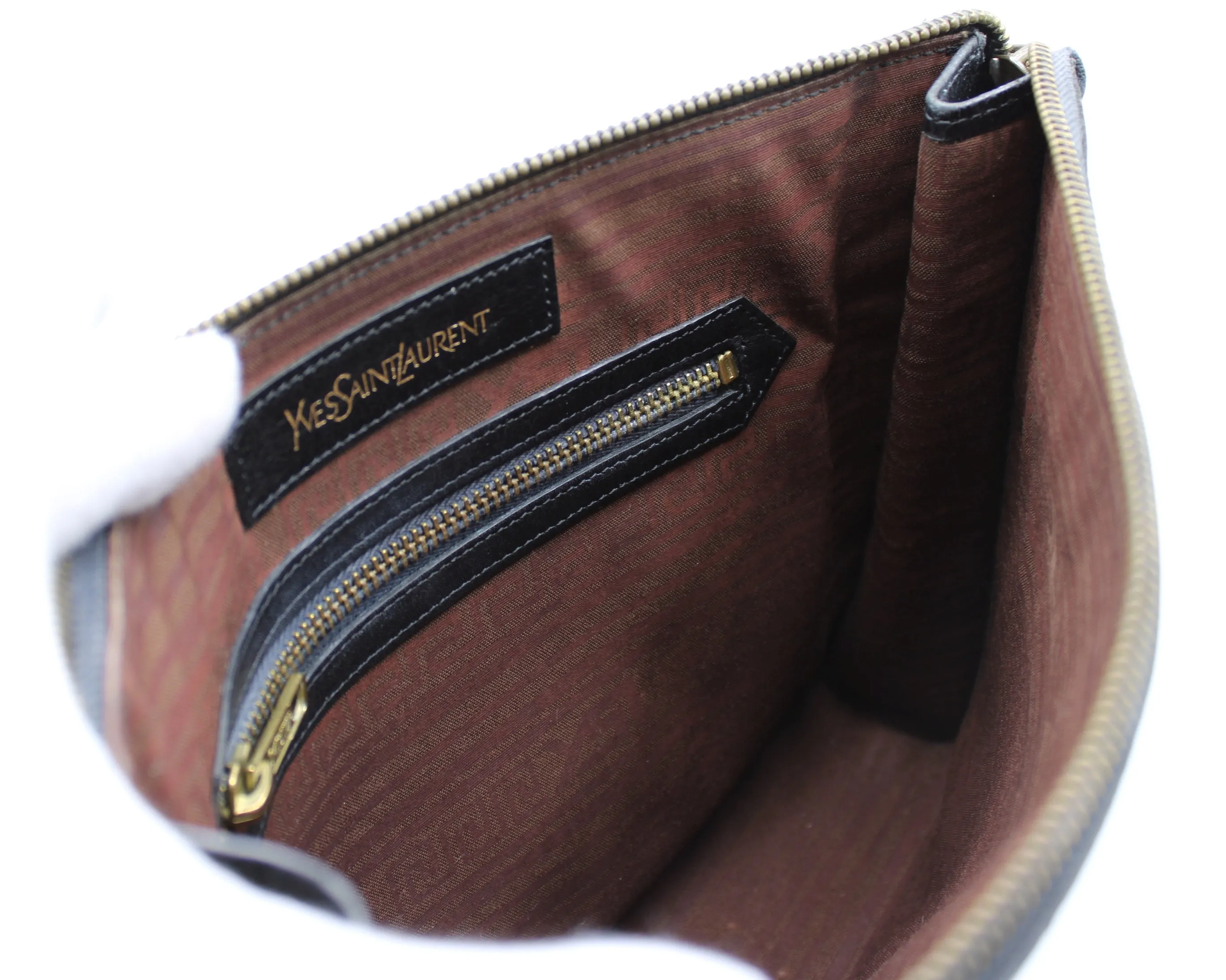 Yves Saint Laurent Clutch Black Leather Pouch Geometric Embossing YSL Vintage