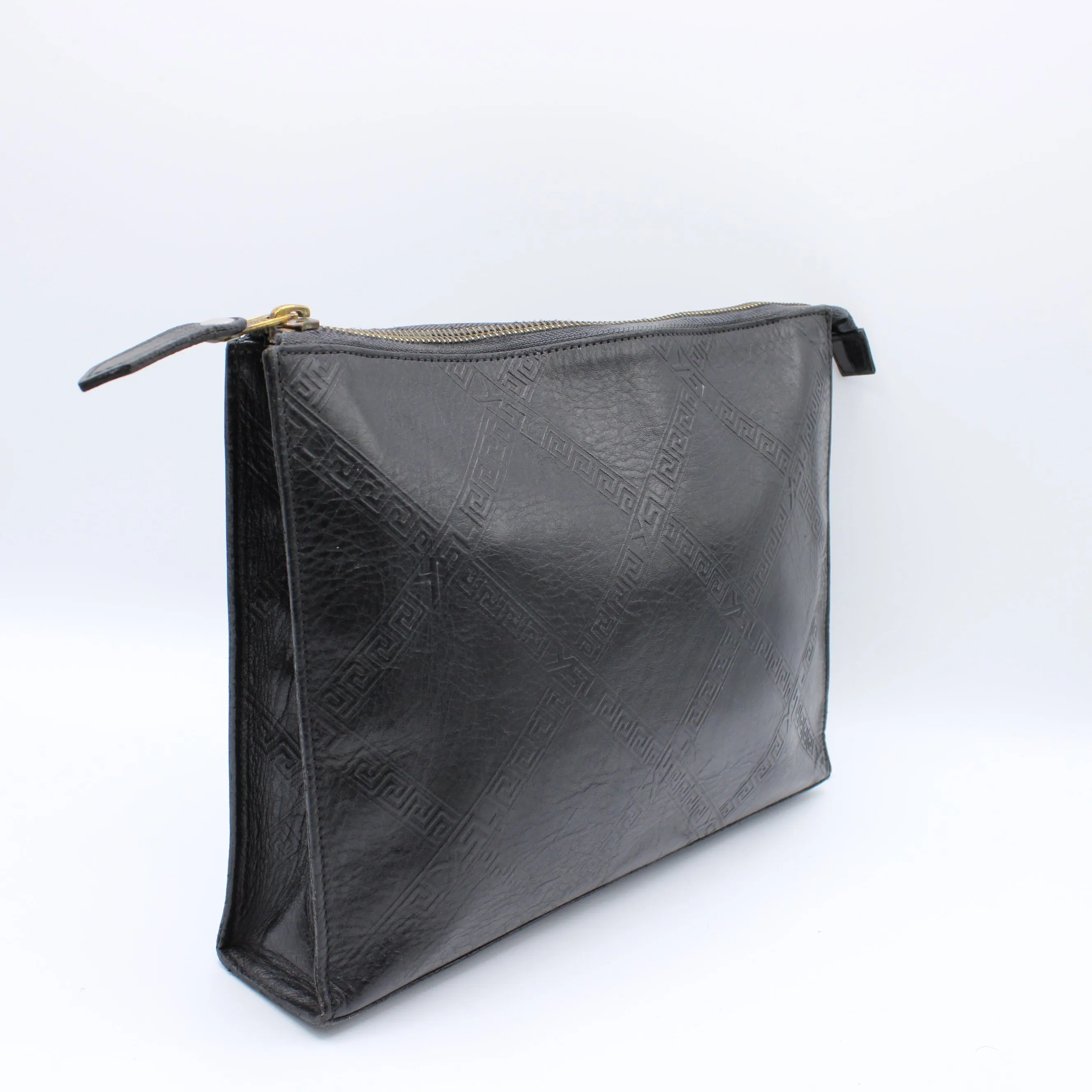 Yves Saint Laurent Clutch Black Leather Pouch Geometric Embossing YSL Vintage
