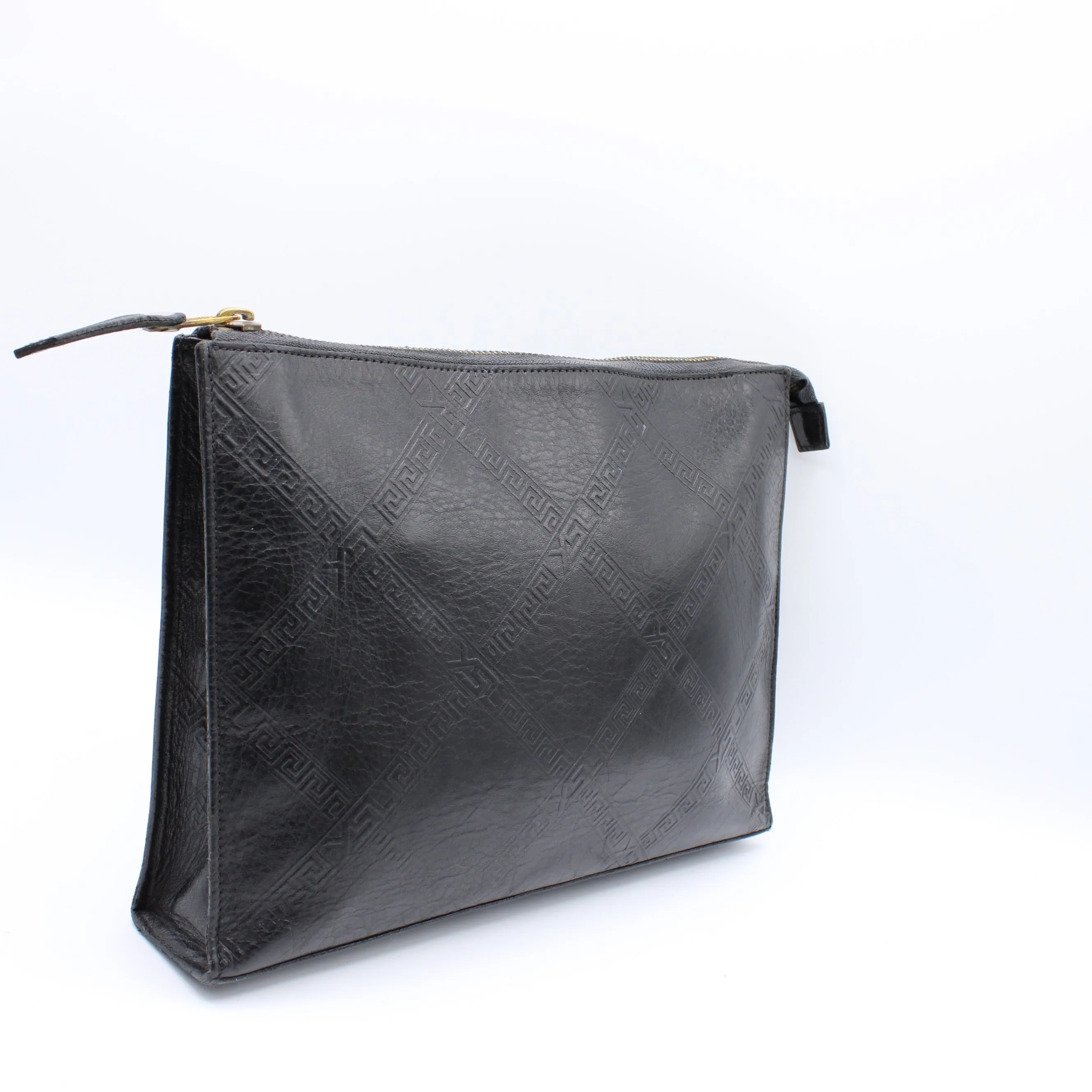 Yves Saint Laurent Clutch Black Leather Pouch Geometric Embossing YSL Vintage