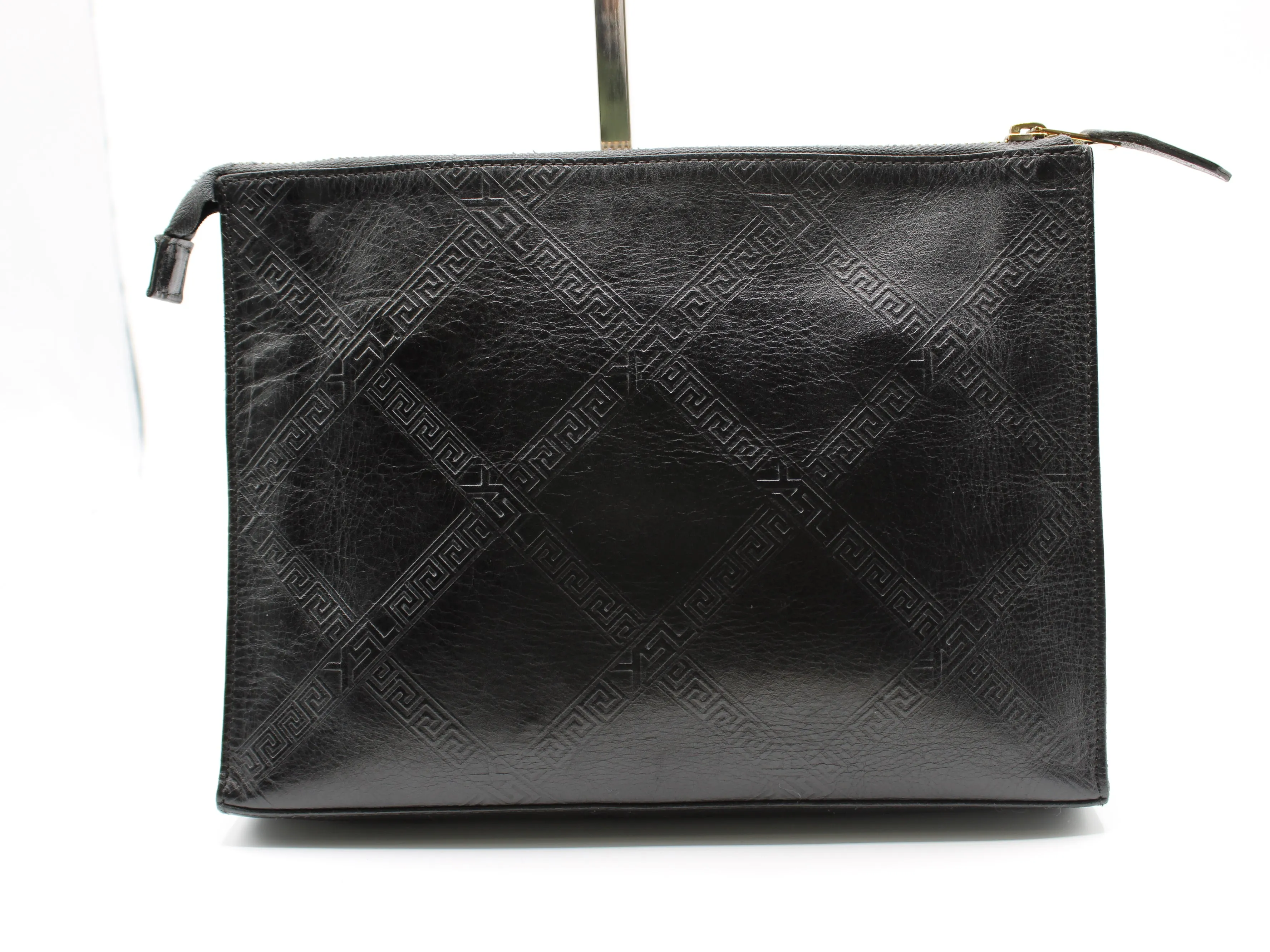 Yves Saint Laurent Clutch Black Leather Pouch Geometric Embossing YSL Vintage