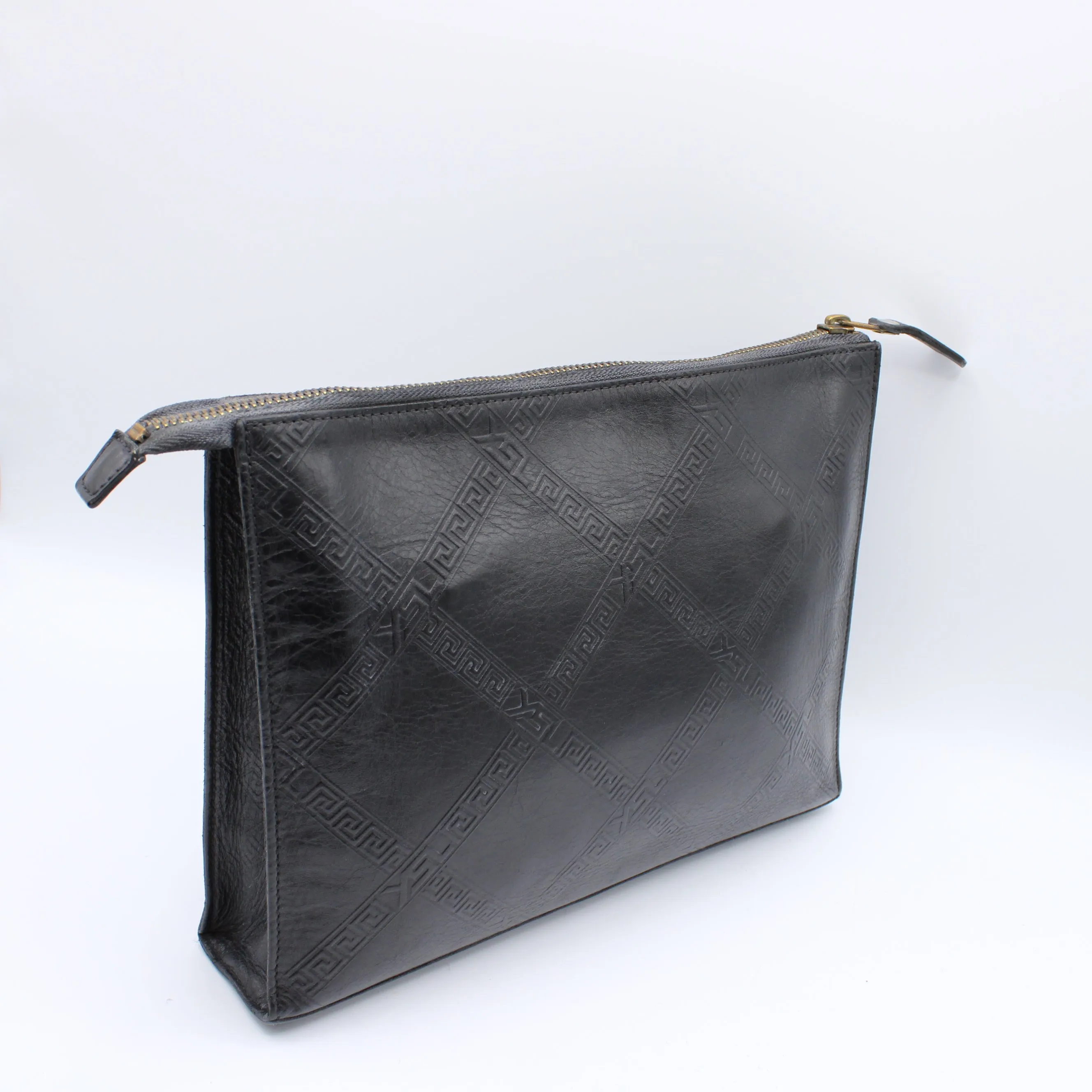 Yves Saint Laurent Clutch Black Leather Pouch Geometric Embossing YSL Vintage