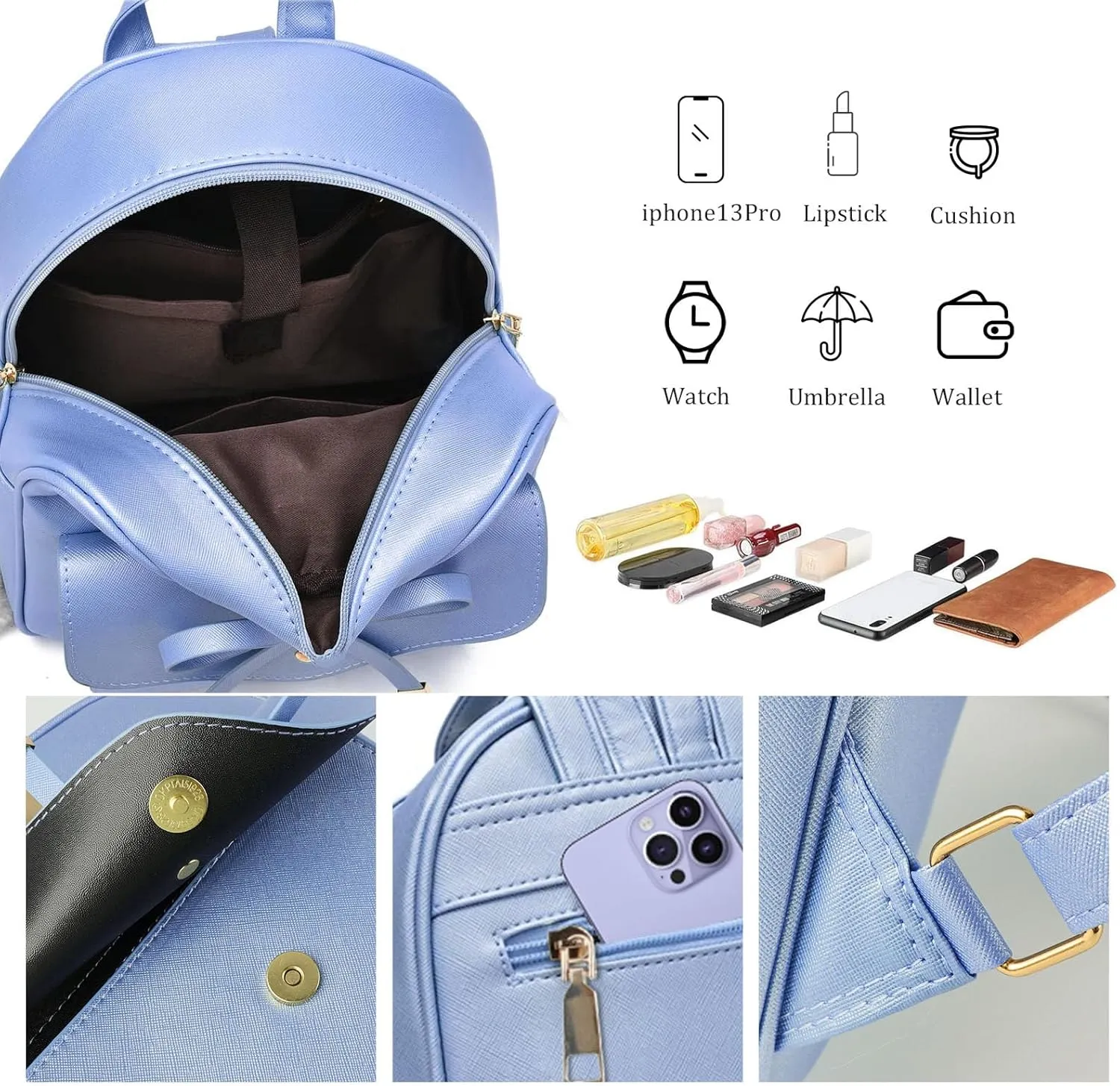 ZGWJ Mini Backpack Purse for Women - 3-Piece Set, Small PU Leather Bowknot Fashion Backpacks, Cute Casual Travel Daypacks