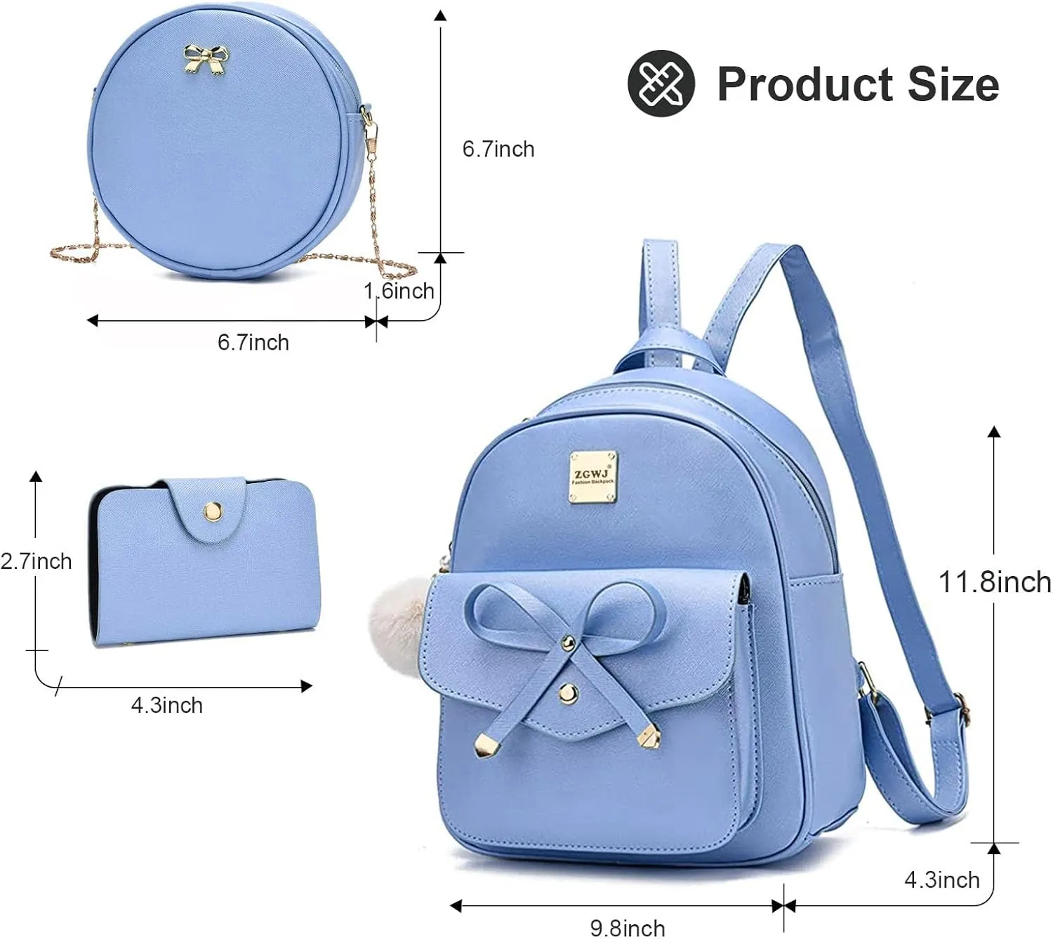 ZGWJ Mini Backpack Purse for Women - 3-Piece Set, Small PU Leather Bowknot Fashion Backpacks, Cute Casual Travel Daypacks