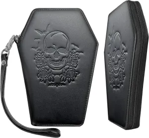Zip Around Coffin Wallet – Cute Witchy Small Purse for Women with Skull and Bat Design– Goth Accessory Wallet – Horror Coffin Purse– Spooky Halloween Gothic Wallet with Wristlet Strap
