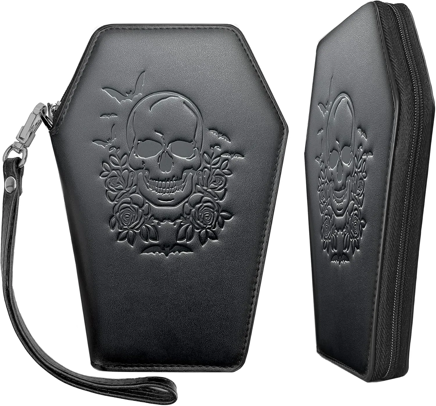 Zip Around Coffin Wallet – Cute Witchy Small Purse for Women with Skull and Bat Design– Goth Accessory Wallet – Horror Coffin Purse– Spooky Halloween Gothic Wallet with Wristlet Strap