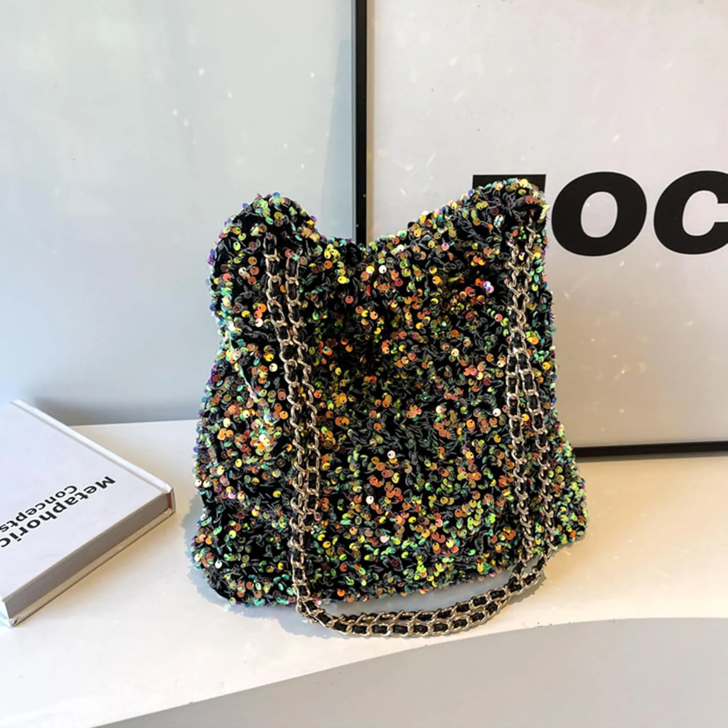 ZLM BAG US Women's Glitter Sequins Shoulder Tote Big Capacity Shimmer Shopping Bag Sparkling Handbag Purse
