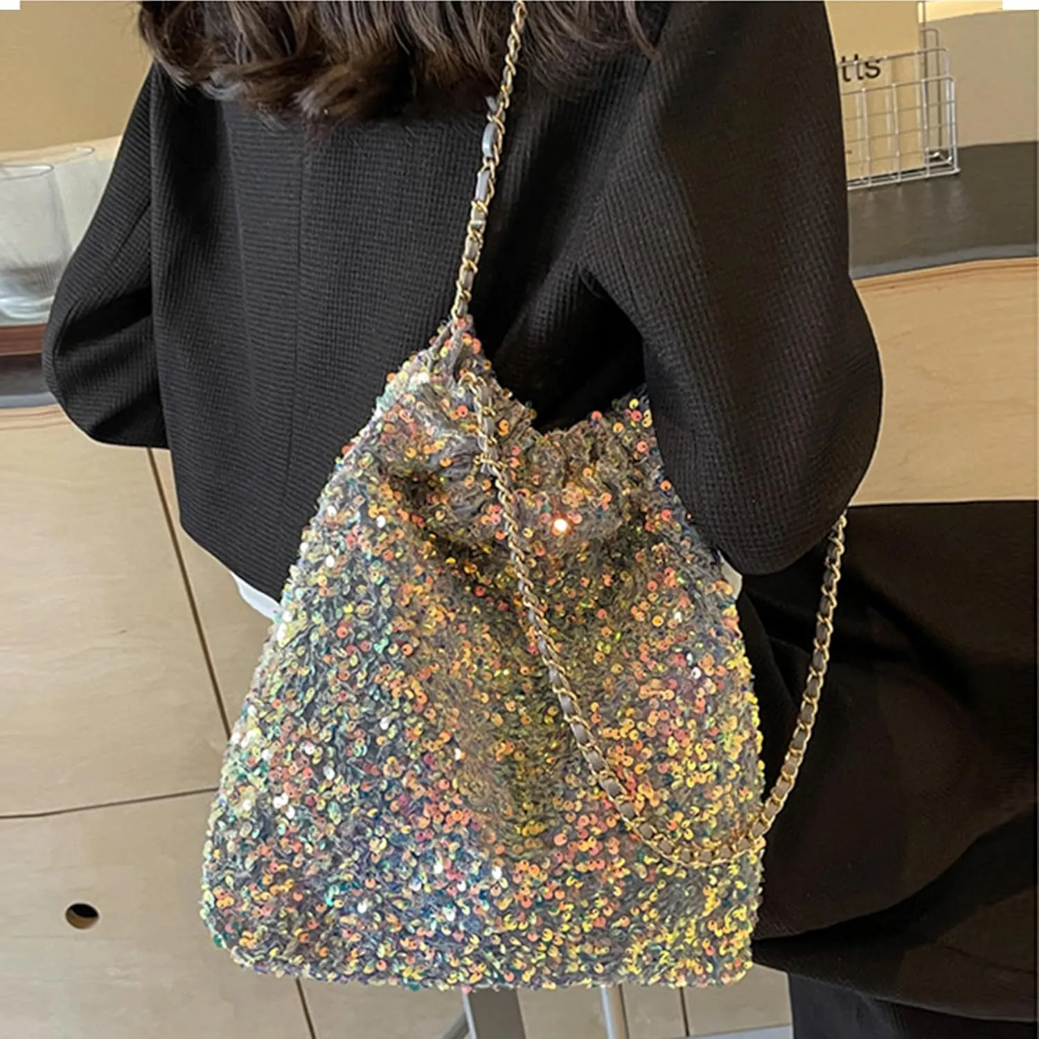 ZLM BAG US Women's Glitter Sequins Shoulder Tote Big Capacity Shimmer Shopping Bag Sparkling Handbag Purse