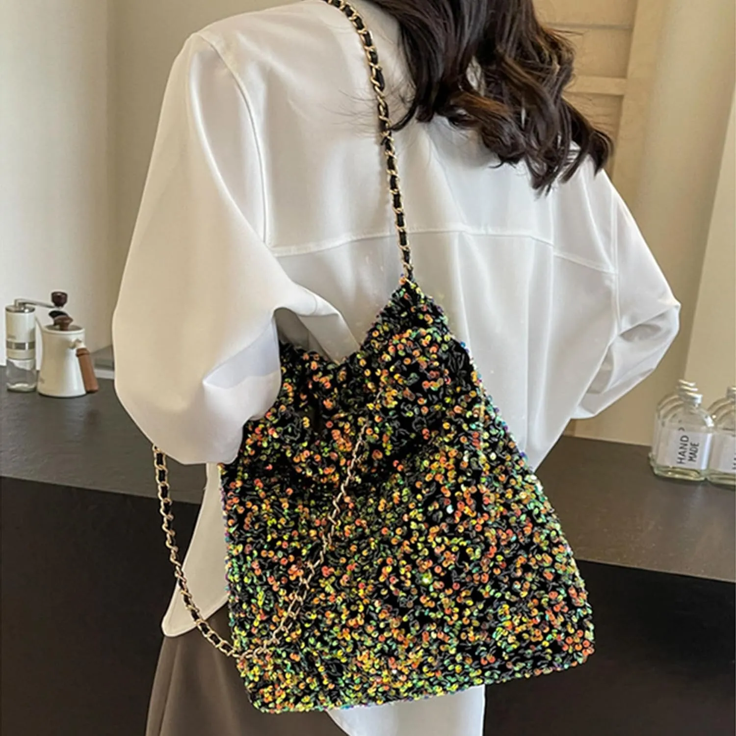 ZLM BAG US Women's Glitter Sequins Shoulder Tote Big Capacity Shimmer Shopping Bag Sparkling Handbag Purse