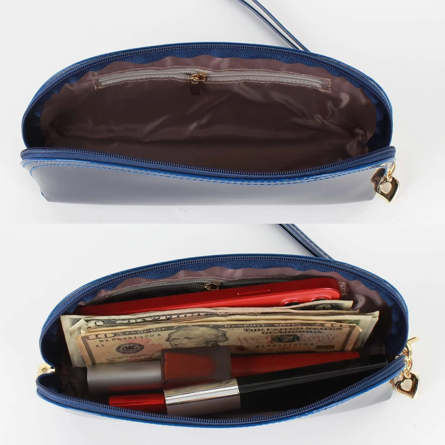 ZLMBAGUS Fashion Cosmetic Bag Patent Leather Makeup Pouch Wristlet Zipper Makeup Case Holder Coin Purse Clutch Blue