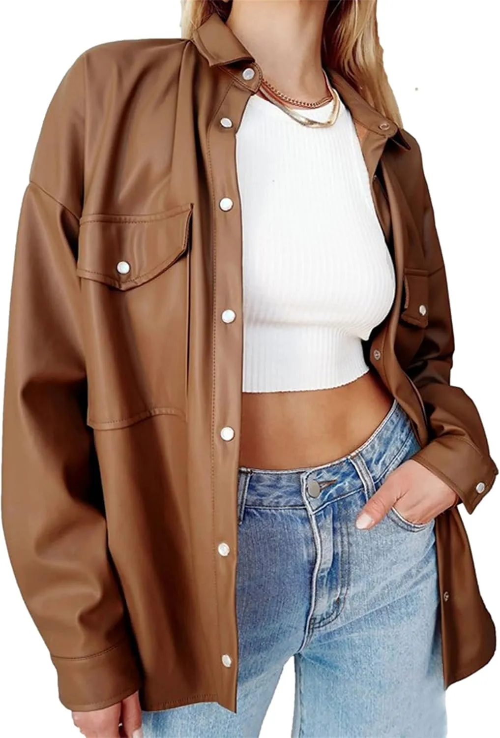 Zontroldy Faux PU Leather Shacket Jacket Women Spring Fall Fashion Button Shirt Jacket Blazer Coat