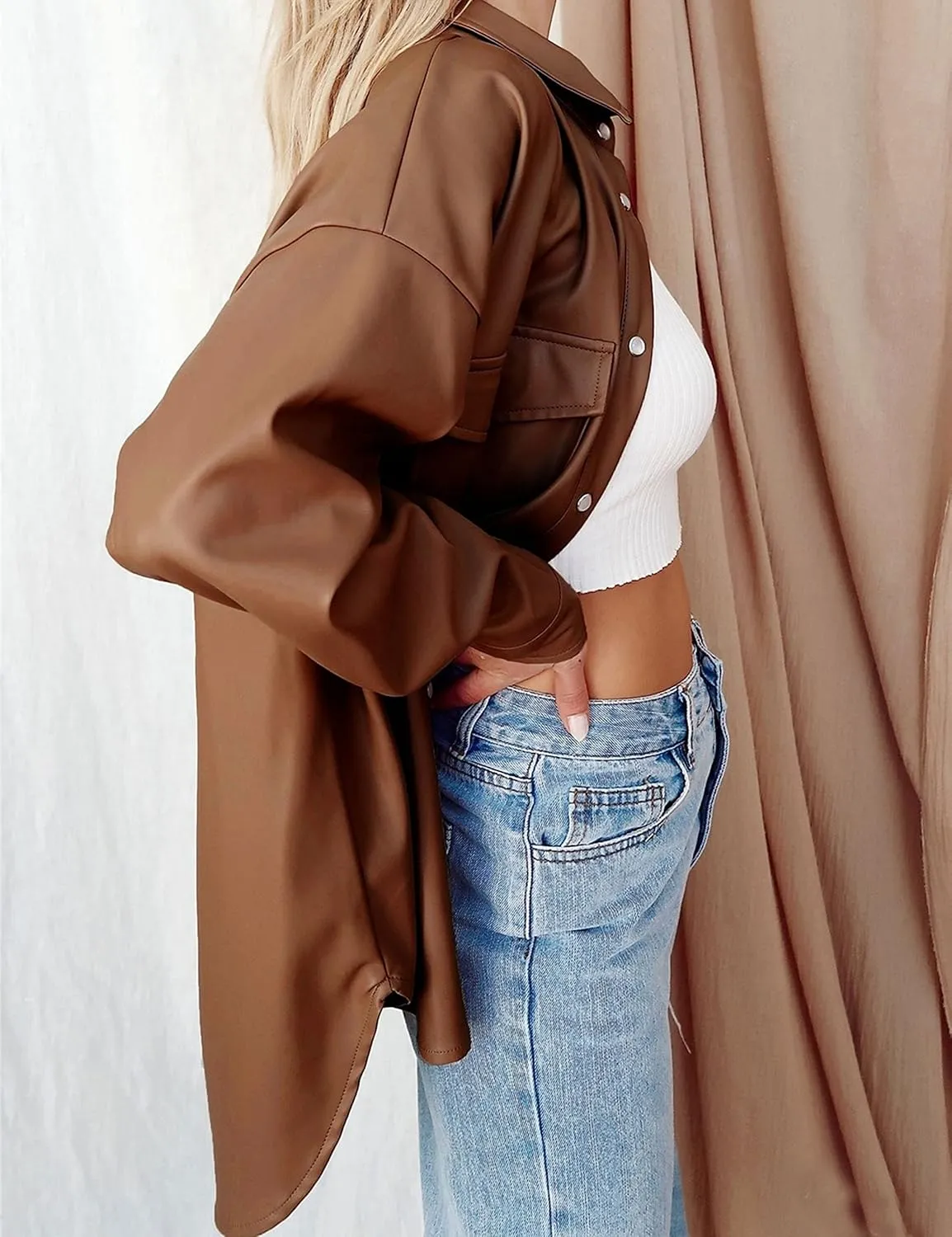 Zontroldy Faux PU Leather Shacket Jacket Women Spring Fall Fashion Button Shirt Jacket Blazer Coat