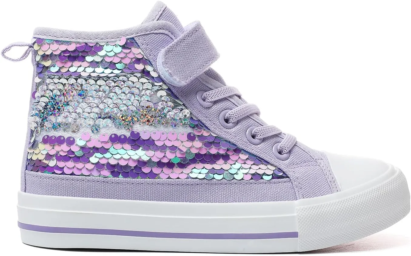 Zoroadke Kids Sparkle Sequins High Top Casual Adjustable Strap Canvas Shoes Girls and Boys Glitter Sneakers