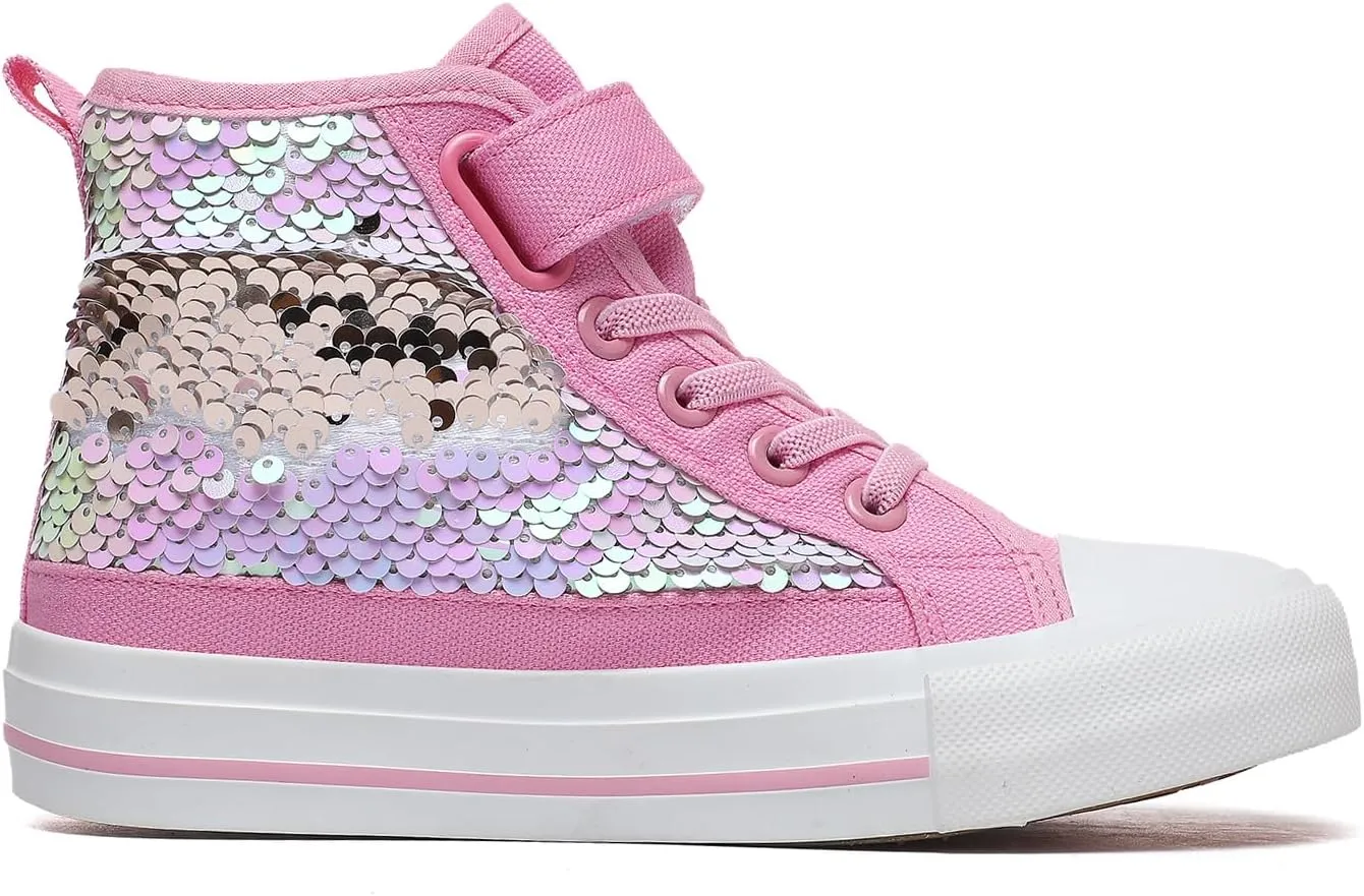 Zoroadke Kids Sparkle Sequins High Top Casual Adjustable Strap Canvas Shoes Girls and Boys Glitter Sneakers
