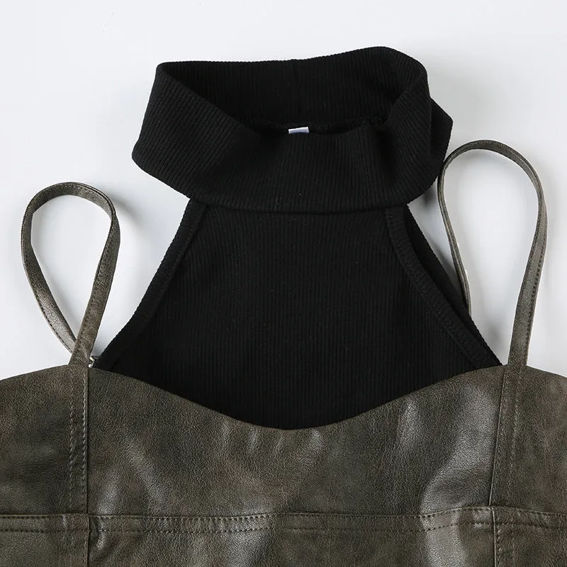 Zwoyren Faux Leather Patchwork Tank Top