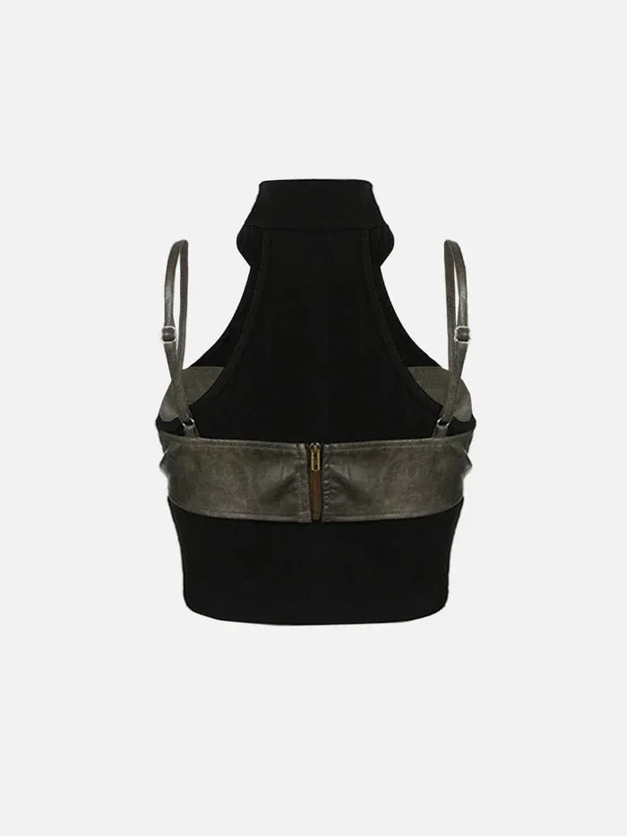 Zwoyren Faux Leather Patchwork Tank Top
