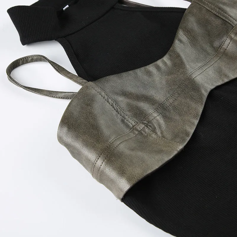 Zwoyren Faux Leather Patchwork Tank Top