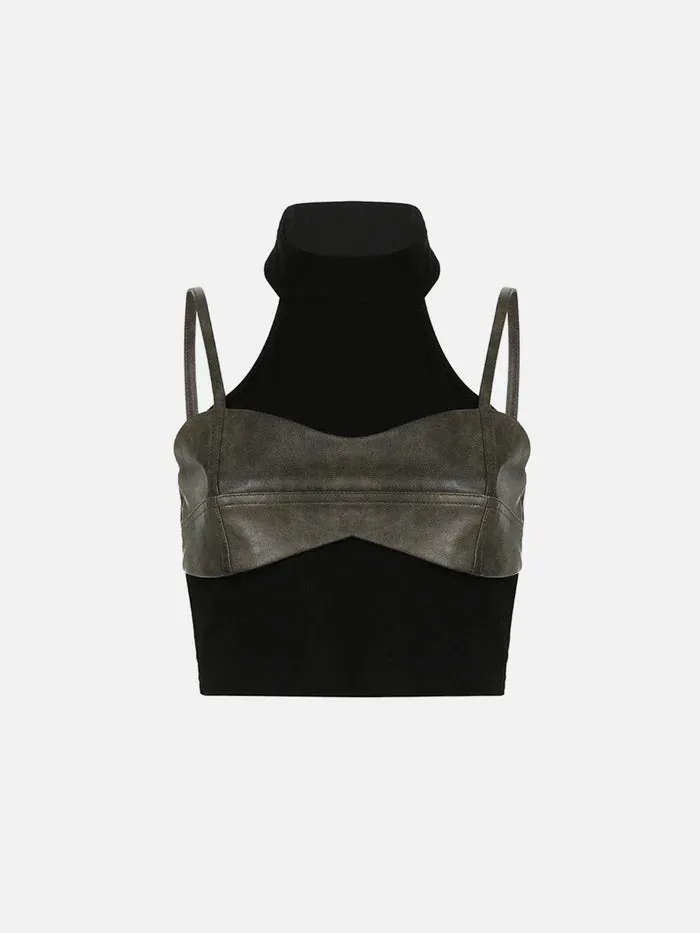 Zwoyren Faux Leather Patchwork Tank Top