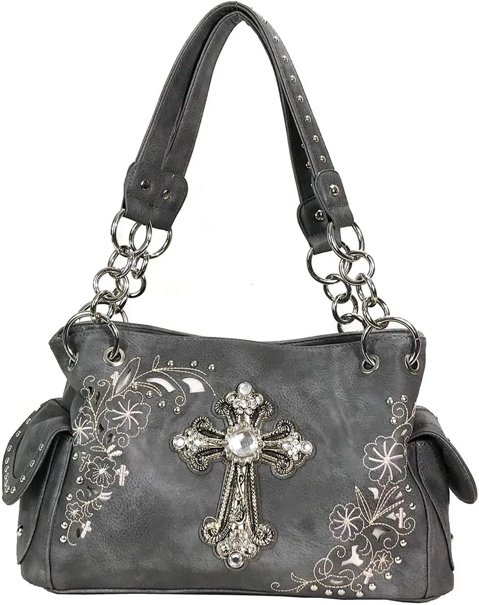 Zzfab Rhinestone Cross Embroidered Floral Western Handbag