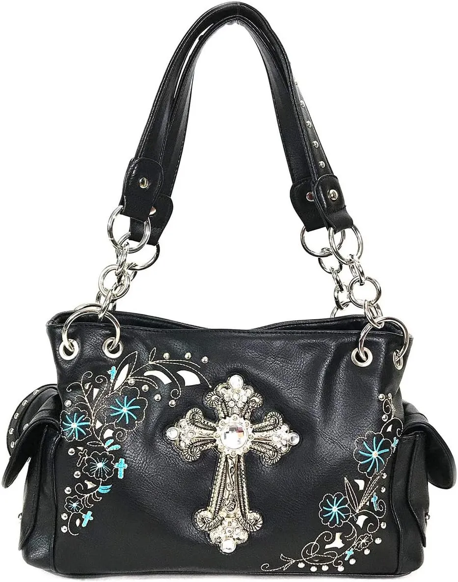 Zzfab Rhinestone Cross Embroidered Floral Western Handbag