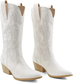 Zzheels Women Mid-calf Cowboy Boots Pointy Toe Boot Embroidered Western Cowgirl Boots Chunky Heels