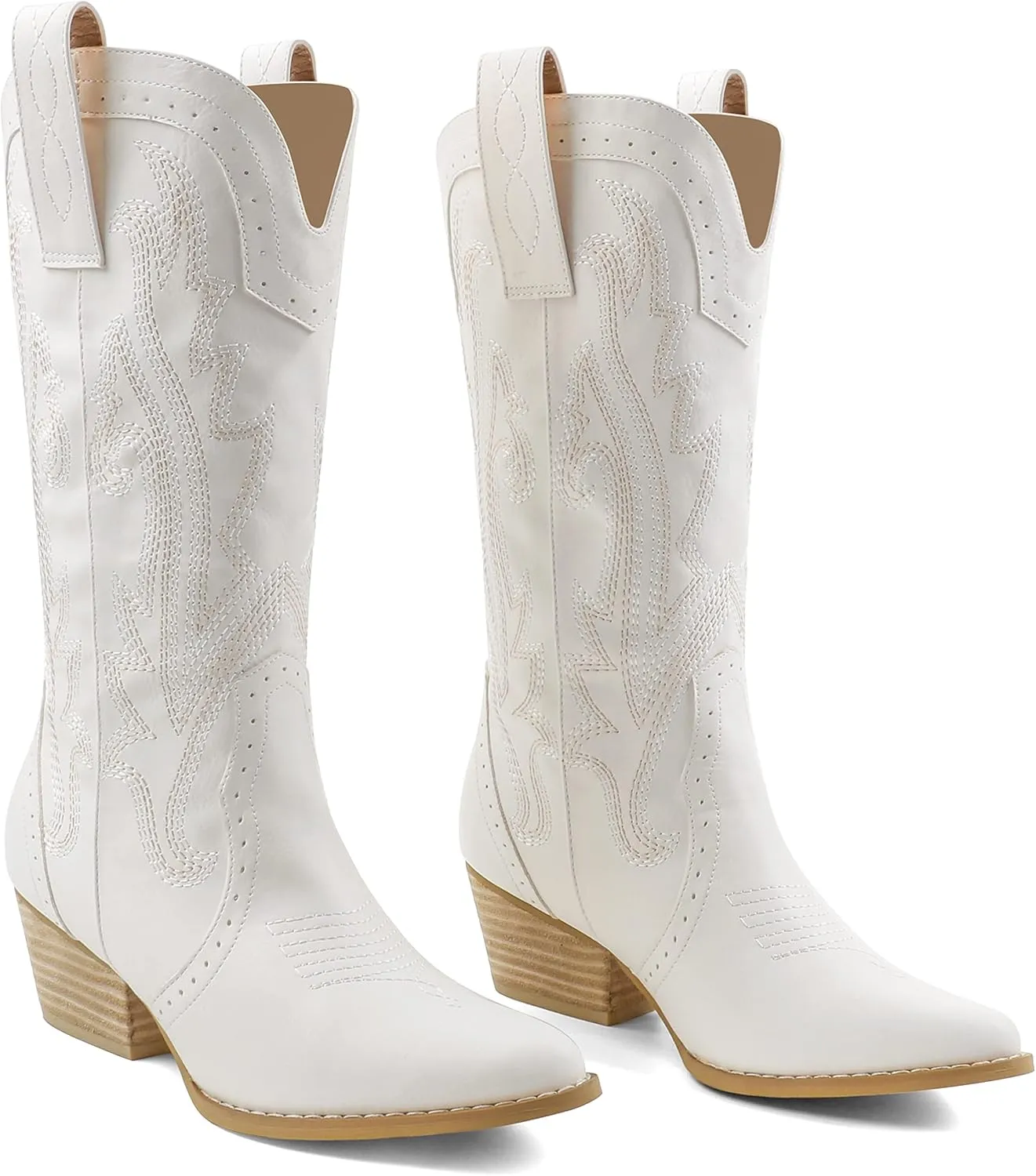 Zzheels Women Mid-calf Cowboy Boots Pointy Toe Boot Embroidered Western Cowgirl Boots Chunky Heels